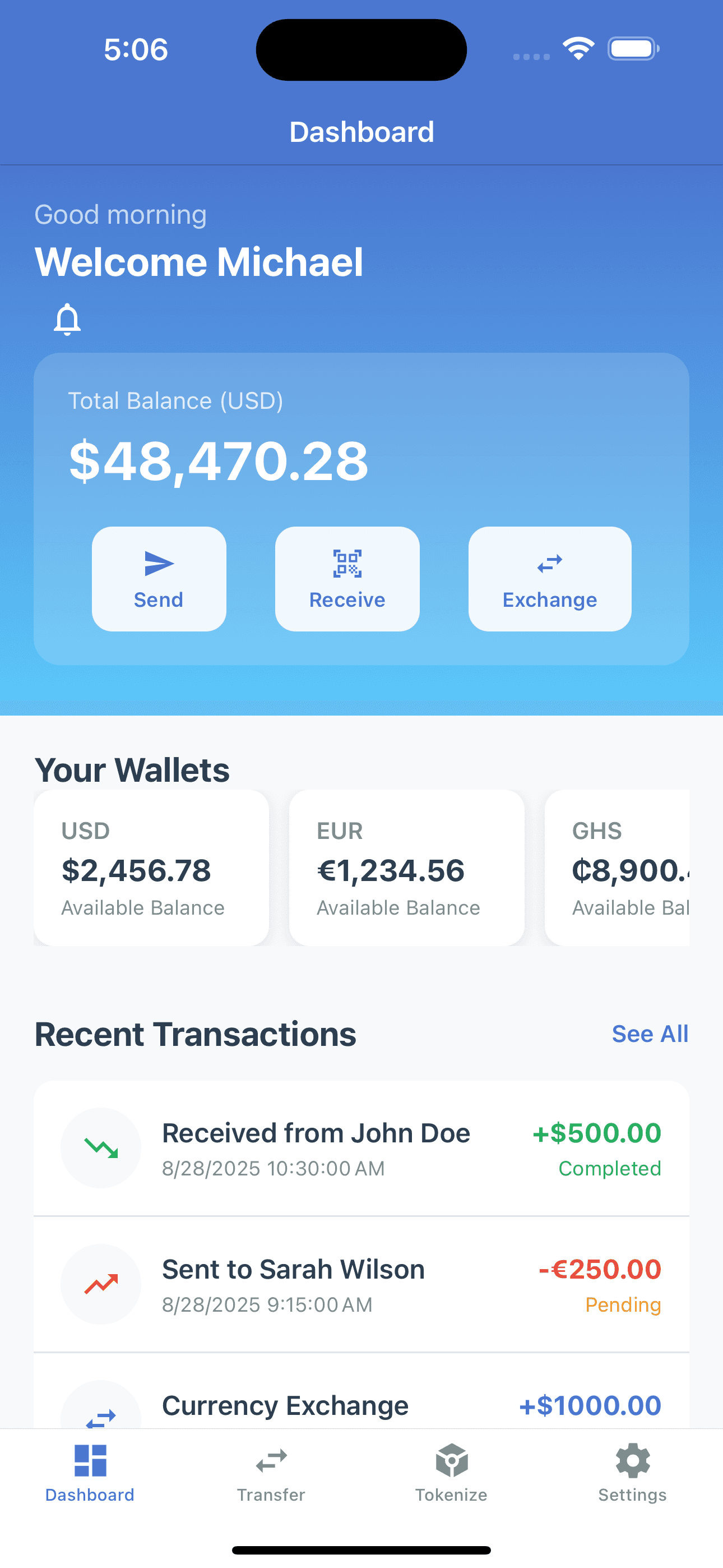 Fintiv Dashboard - Digital wallet with multi-currency balance